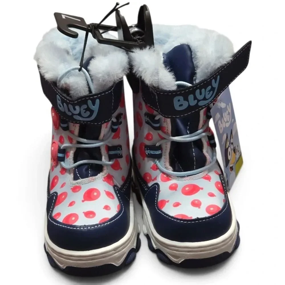 Bluey Toddler Kids Size 7 Winter Boots with Faux Fur Trim Blue Pink New